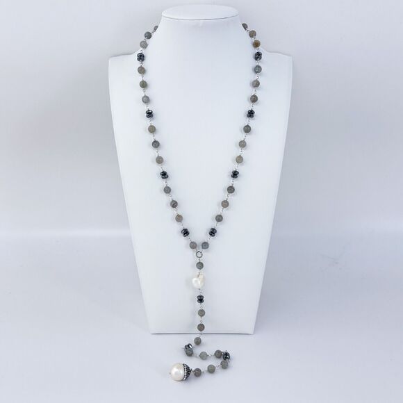 Vintage Sterling Silver 925 Labradorite, Hematite, Pearl Drop Necklace 20.5" - Picture 1 of 5